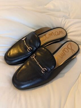 Sam Edelman Black Leather Slip-On Mule Loafers with Gold Tone Bit